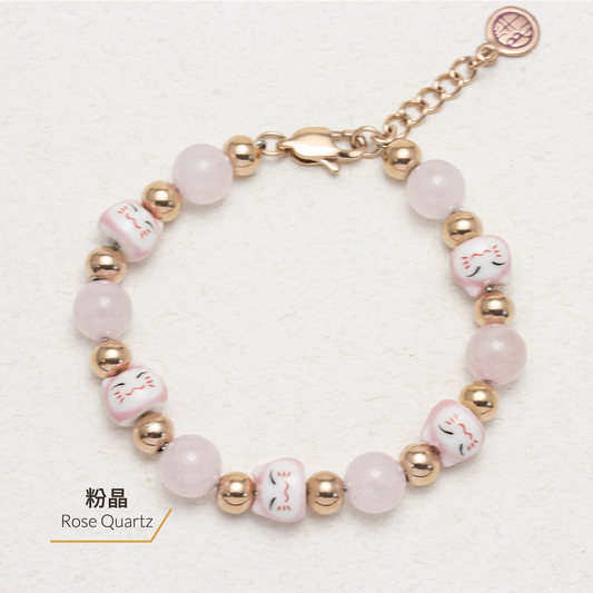 Maneki Rose Quartz Stainless Steel Bracelet - Love Neko