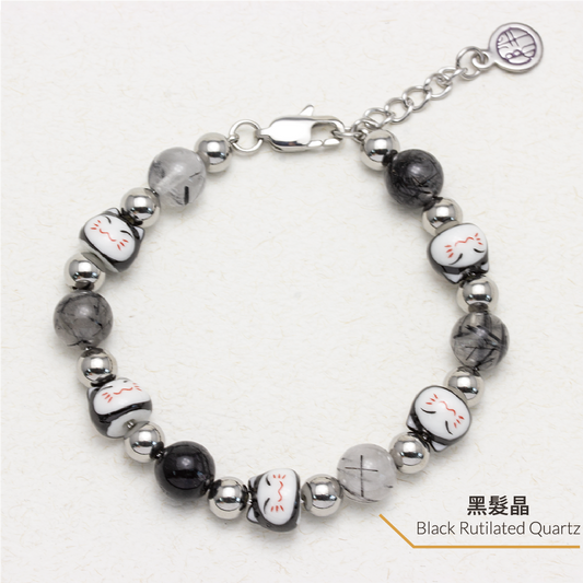 Maneki Black Rutilated Quartz Stainless Steel Bracelet - Amulet Neko