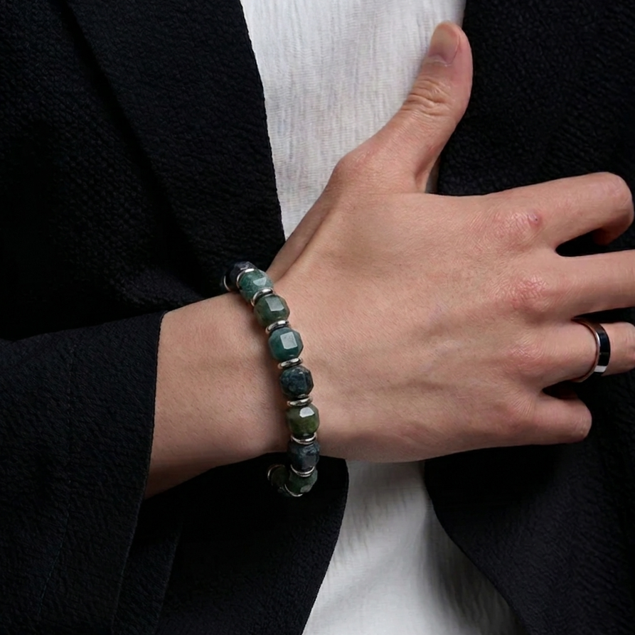 RAW Geometric Cut Moss Agate Bracelet