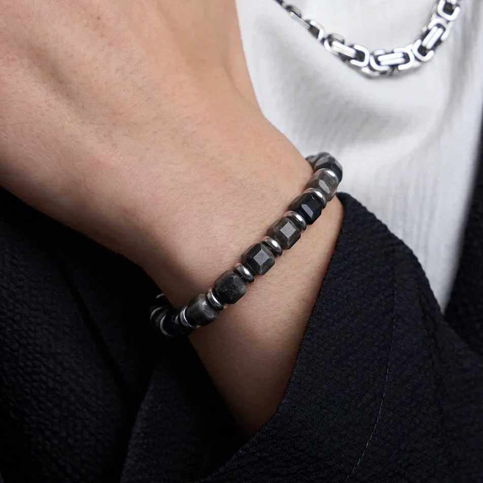 RAW Geometric Cut Obsidian Bracelet